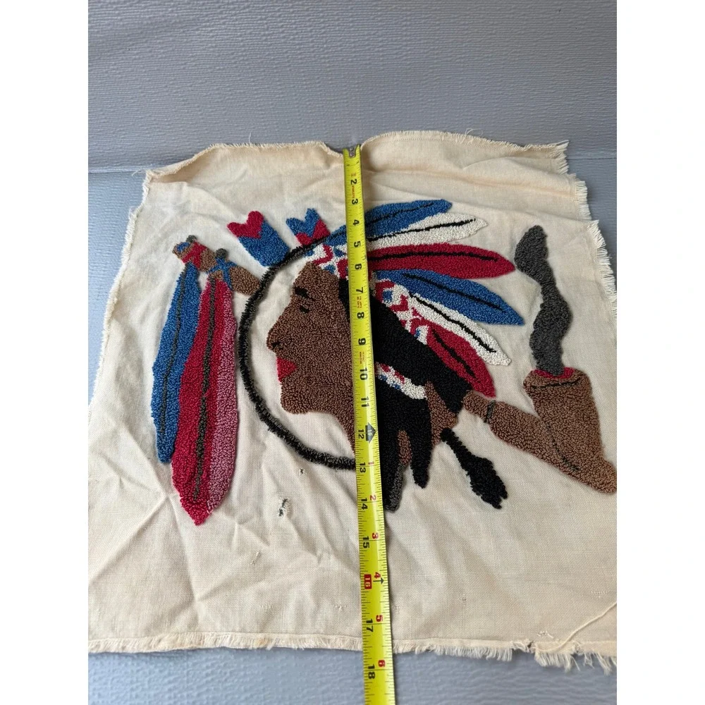 Vintage Punch Needle Rug Hook Native American Chief Textile Art Handmade 17x18